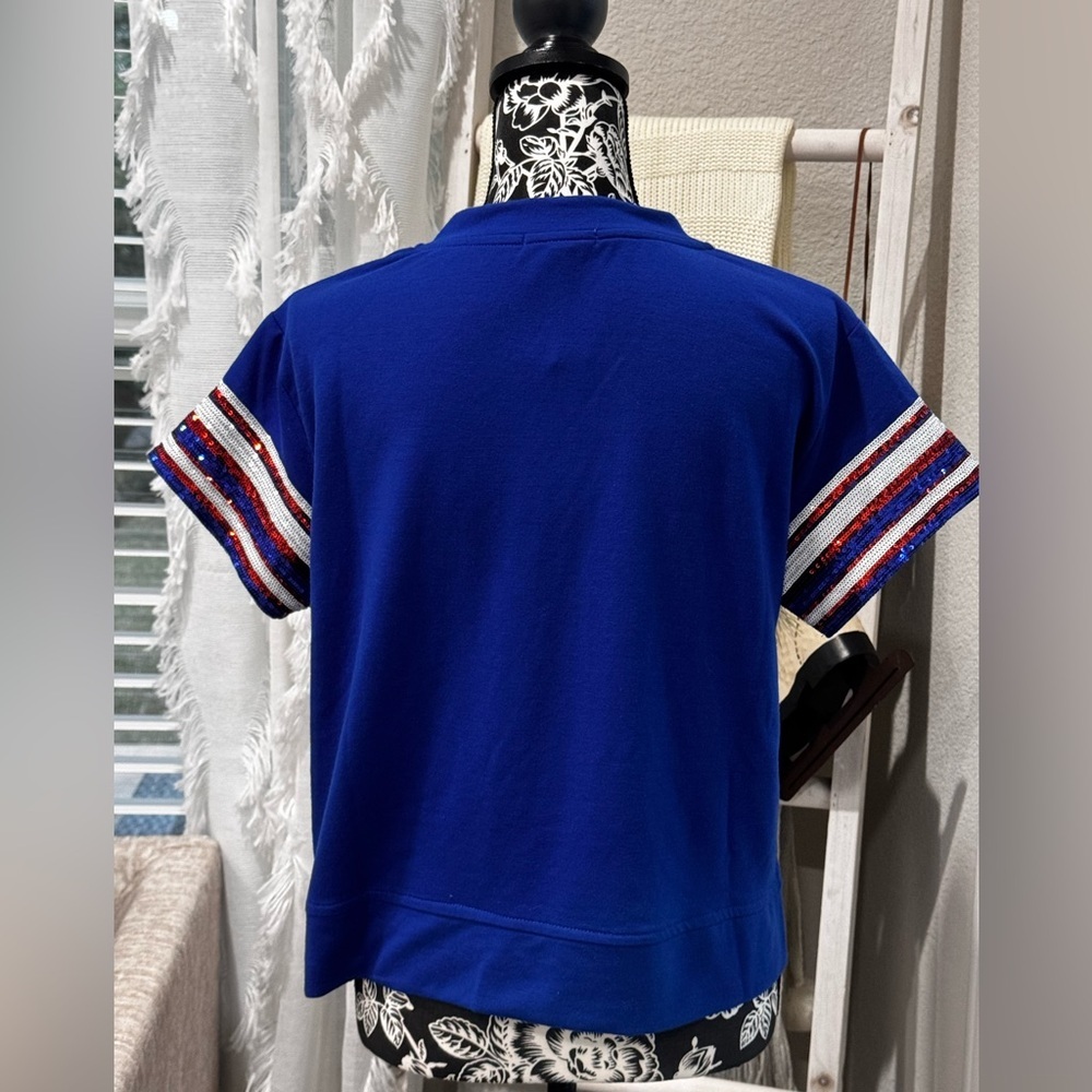 Gameday Blue Orange Sequin Sleeve Top Split Neck XS NWT - Picture 4 of 13